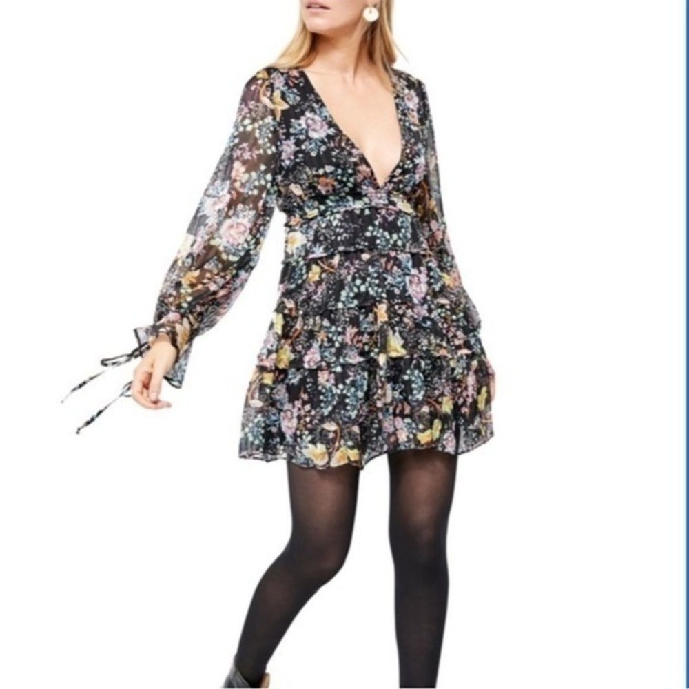 FREE PEOPLE Closer To‎ The Heart Mini Black Floral Boho Dress XS